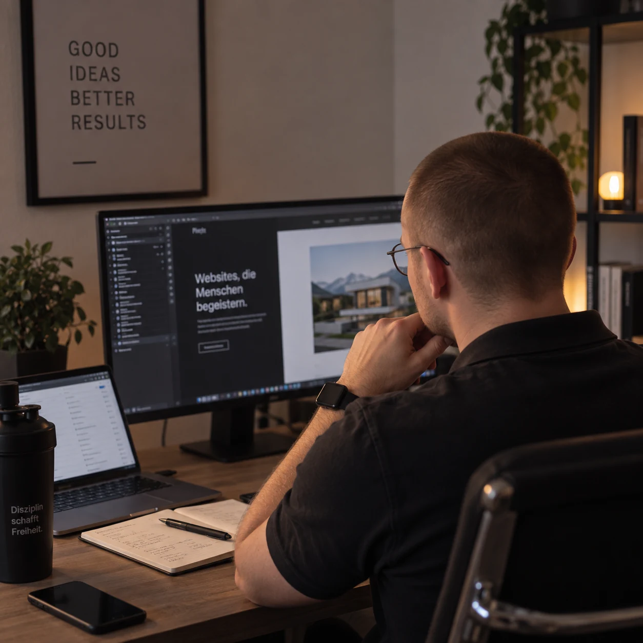 Webdesign-Arbeit am Schreibtisch bei Graf Studio mit Website-Entwurf am Monitor