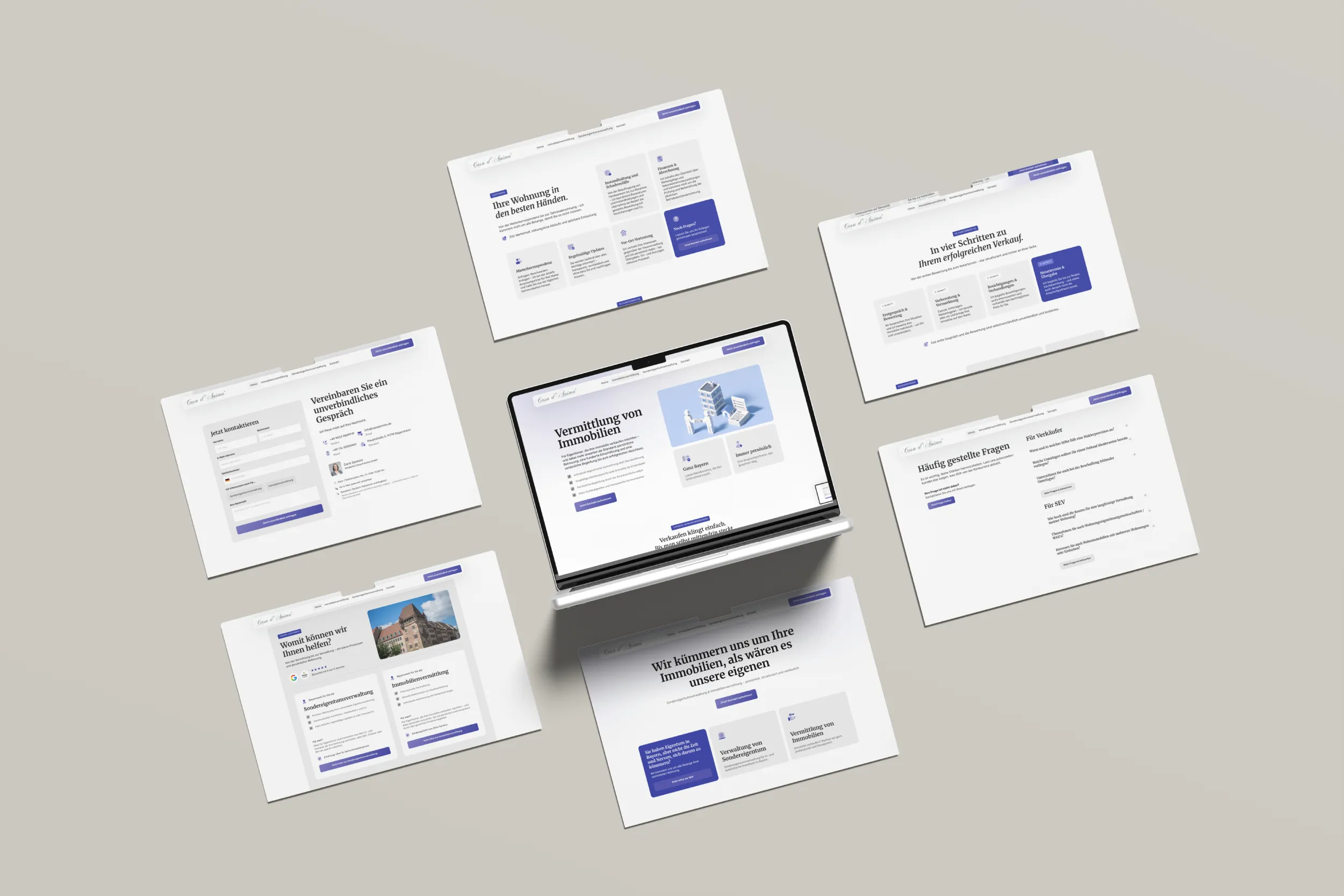 Website-Design für Casa d'Anima — Laptop mit Immobilienservices und umliegenden Seiten-Screens