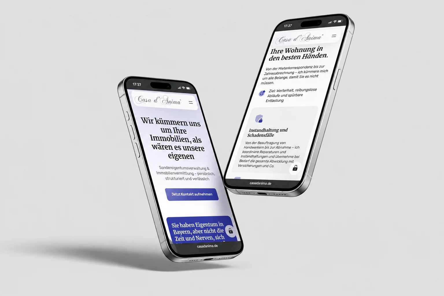 Casa d'Anima Mobile-Website — Startseite und Leistungssektion auf zwei Smartphones