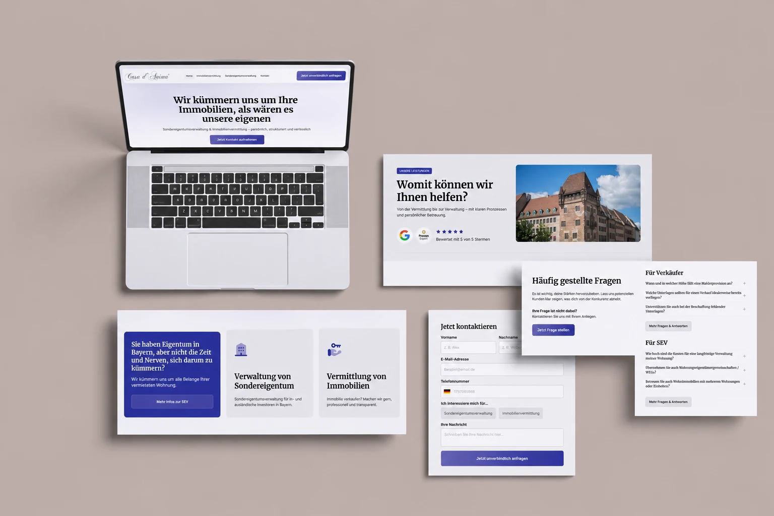 Casa d'Anima Website-Mockup — Laptop, Leistungen, Kontaktformular und FAQ-Sektionen