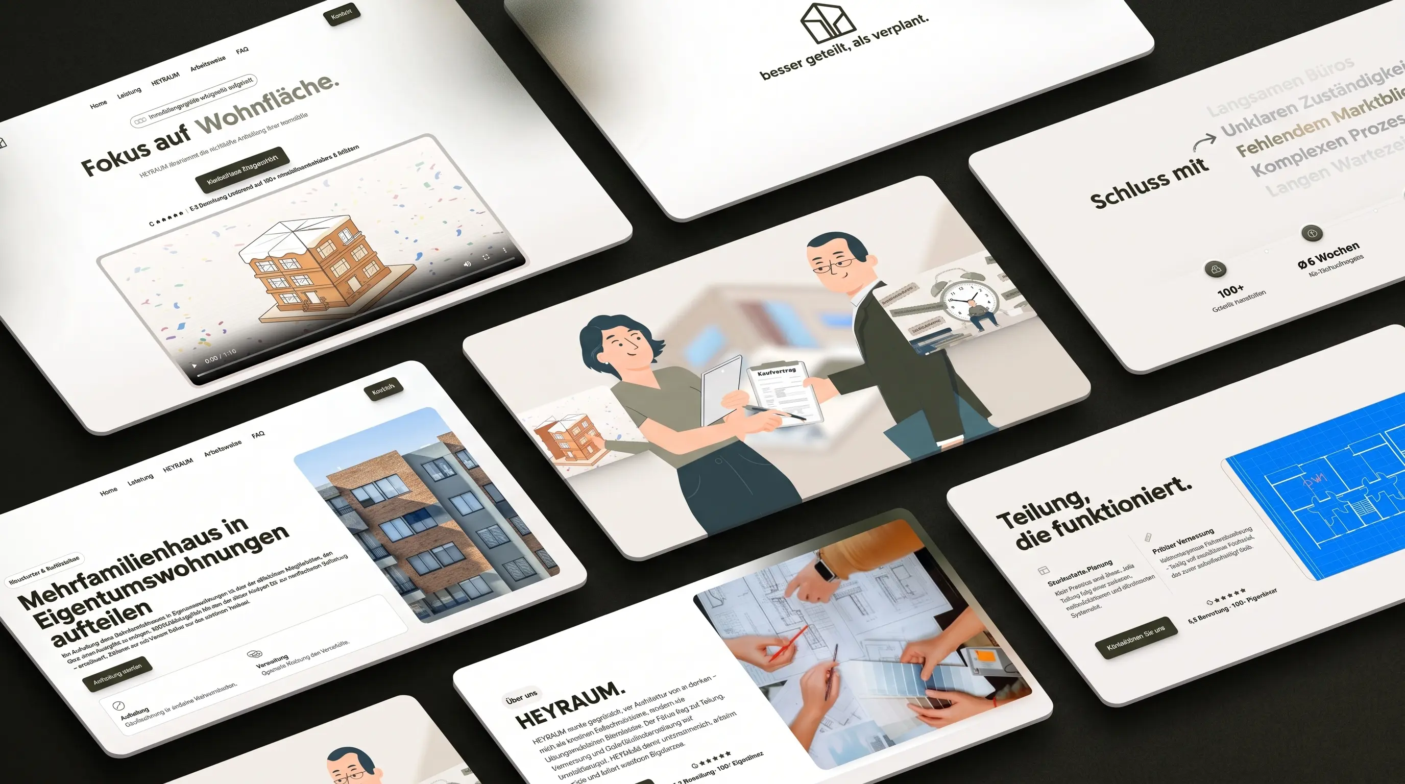 Website-Design für HEYRAUM — Screens der Landingpage auf dunklem Hintergrund