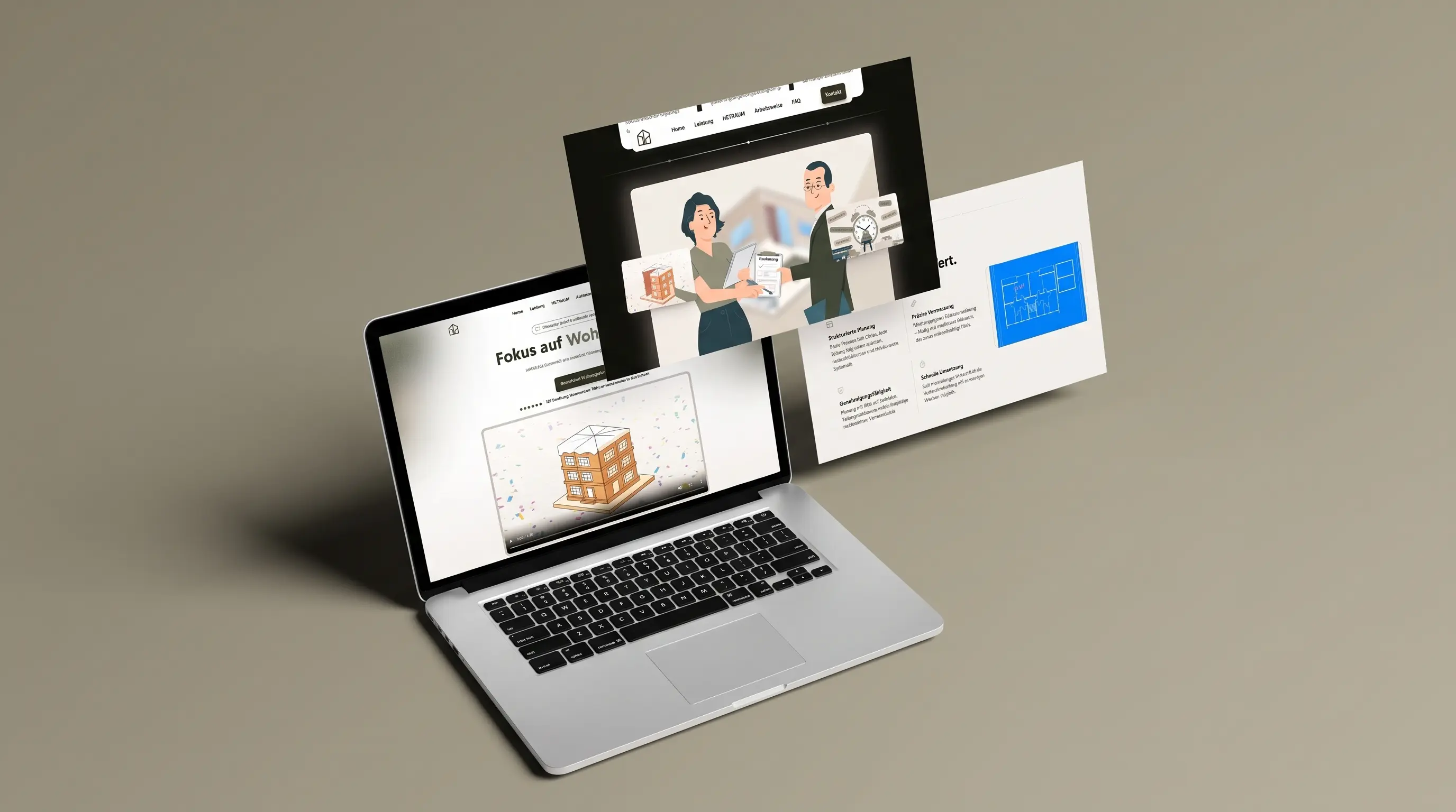 HEYRAUM Website-Screens auf Laptop mit schwebenden UI-Elementen zu Planung und Vermessung