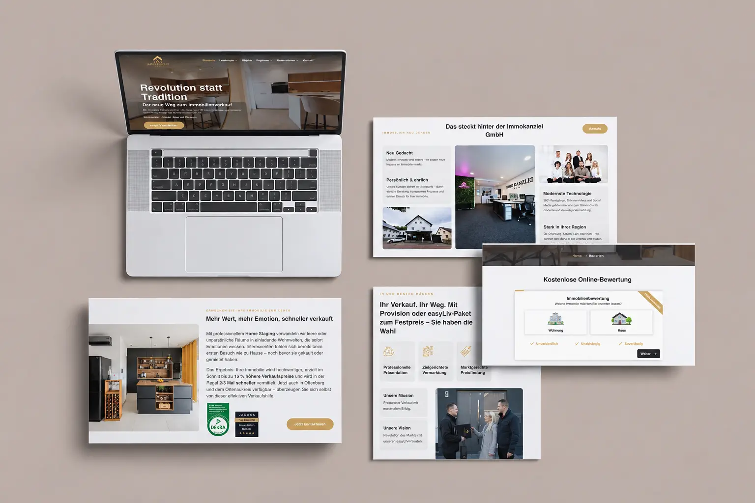 Website-Design für Immokanzlei — Laptop mit Startseite und mehreren Sektions-Screens