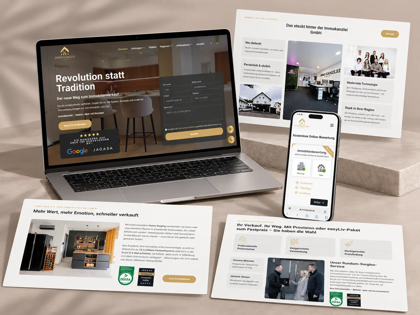 Immokanzlei Website auf Laptop und Smartphone — Hero mit Anfrageformular und mobile Immobilienbewertung