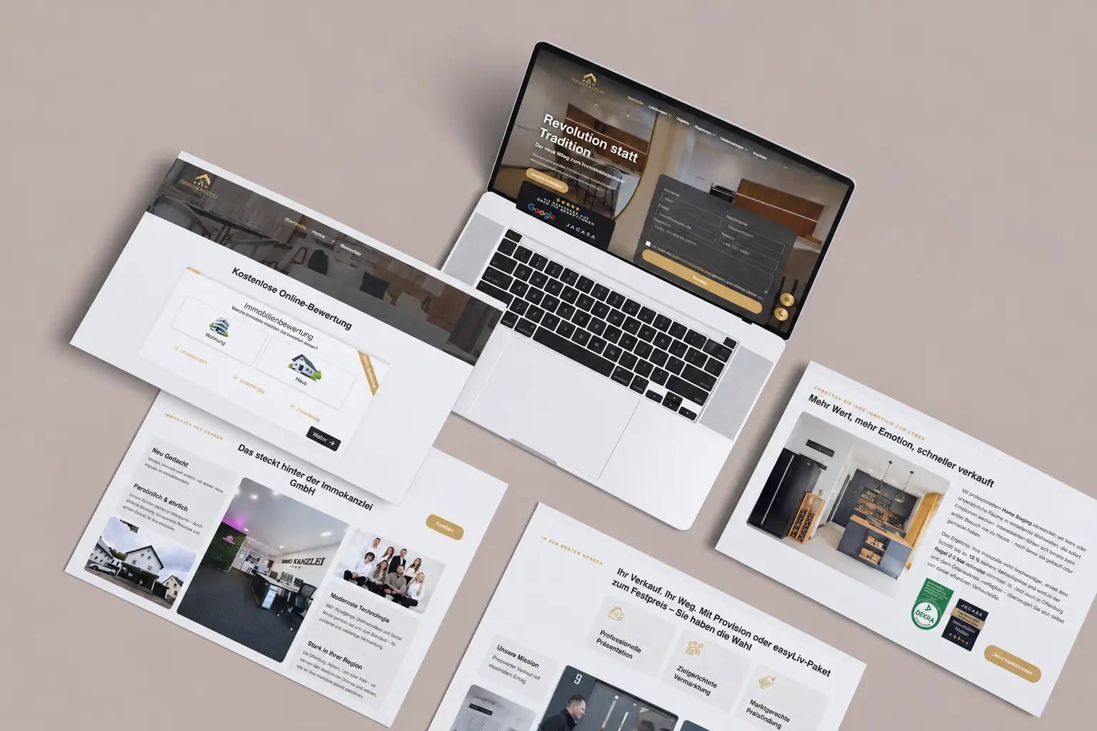Immokanzlei Website-Mockup — Laptop und Sektionen zu Bewertung, Team, Verkauf und Home Staging