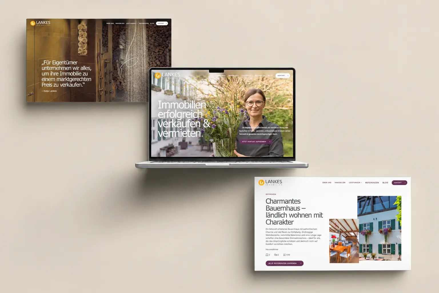 Lankes Immobilien Website auf Laptop — Startseite mit Katja Lankes und Referenz-Screens