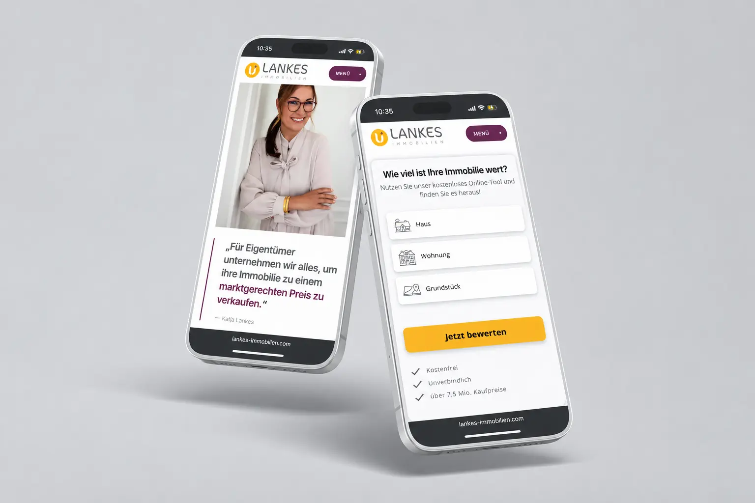 Lankes Immobilien Mobile-Website — Zitat und Online-Bewertungstool auf zwei Smartphones